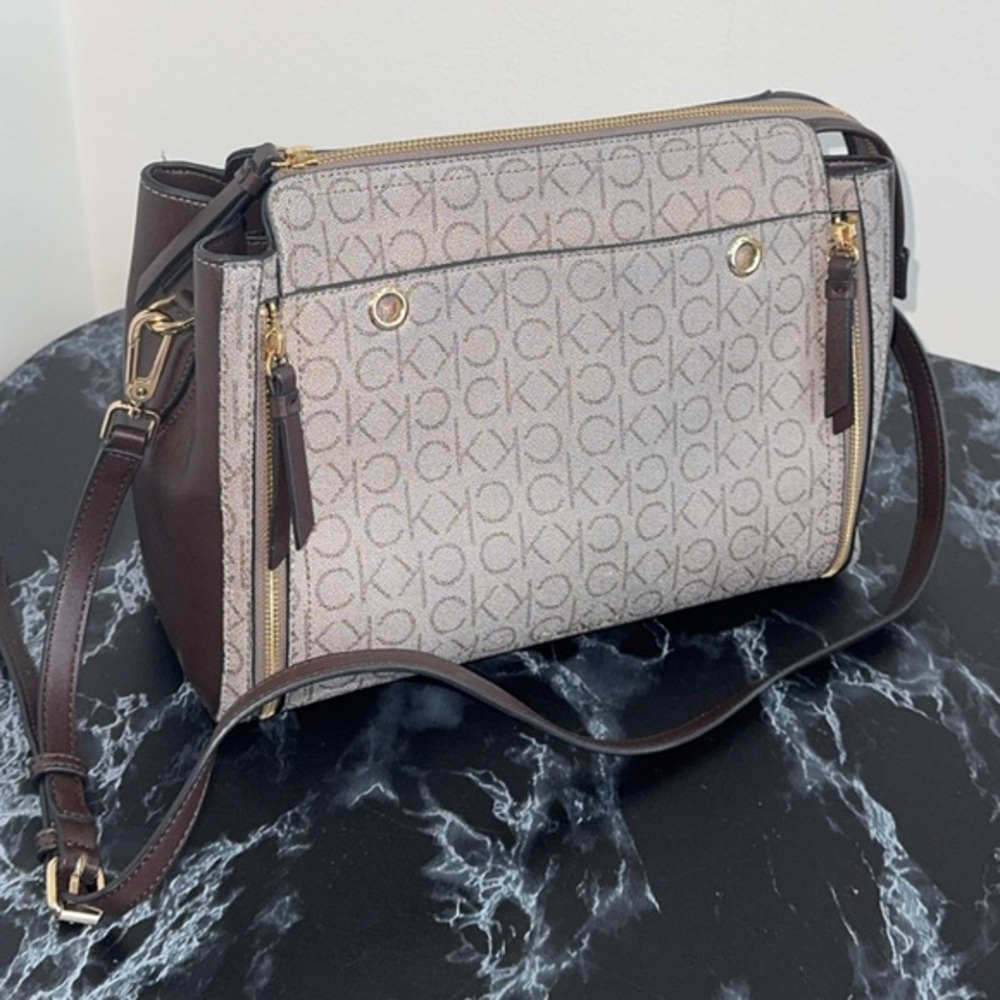 CALVIN KLEIN Garnet Signature Triple Compartment Top Zip Satchel Brown AUTHENTIC